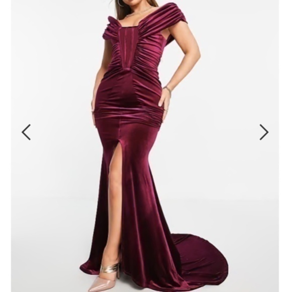 Asos Design Burgundy Mesh Velvet Corset Fishtail Gown Formal Prom Dress US 6